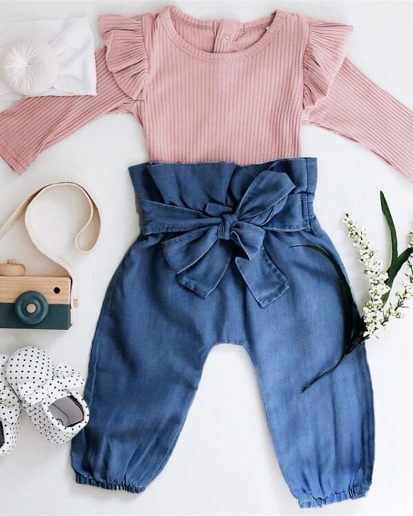 Baby Ribbed Top & Bow Pants Set