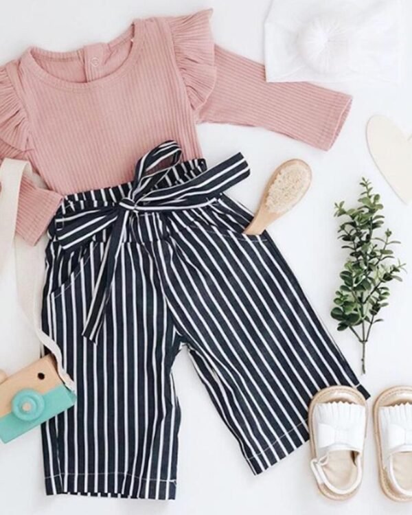 Girls Ruffle Sleeve Top & Striped Pants Set