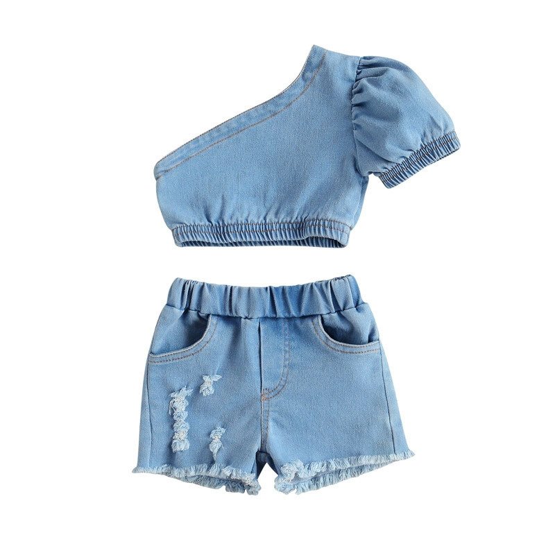 Girl's One Shoulder Denim Top & Shorts