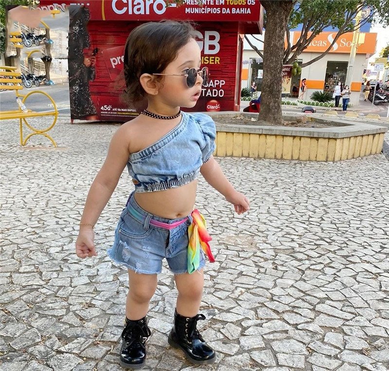 Girl's One Shoulder Denim Top & Shorts - Image 4