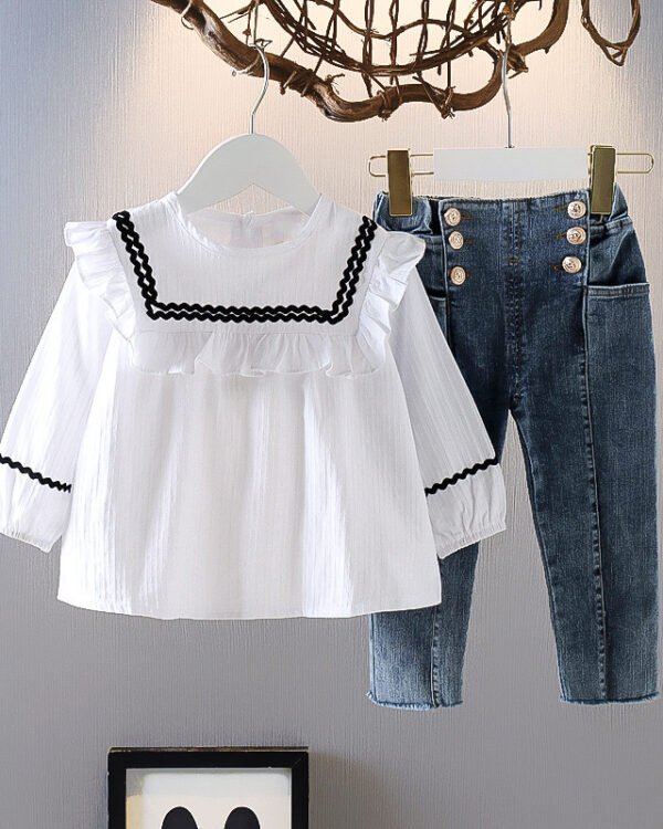 Girls Ruffle Trim Top & Buttoned Denim Pants Set