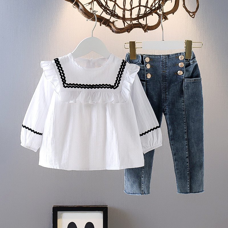 Girls Ruffle Trim Top & Buttoned Denim Pants Set