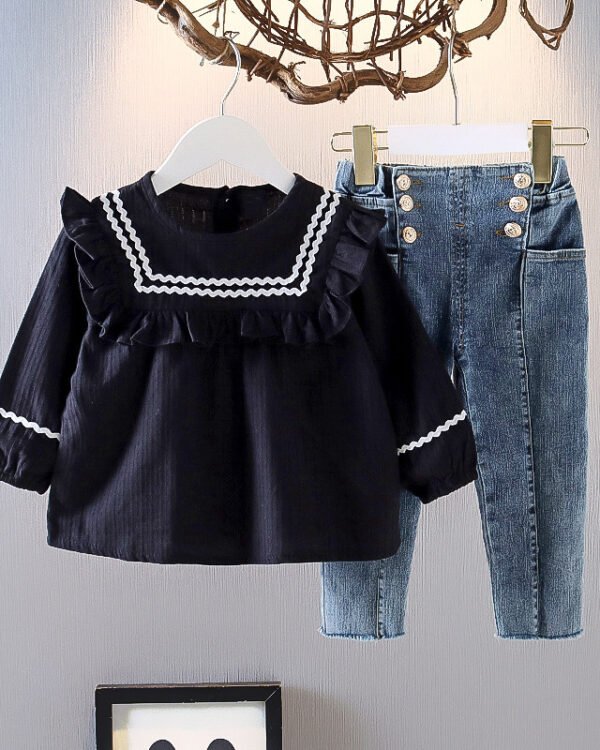 Alternative view of Girls Ruffle Trim Top & Buttoned Denim Pants Set