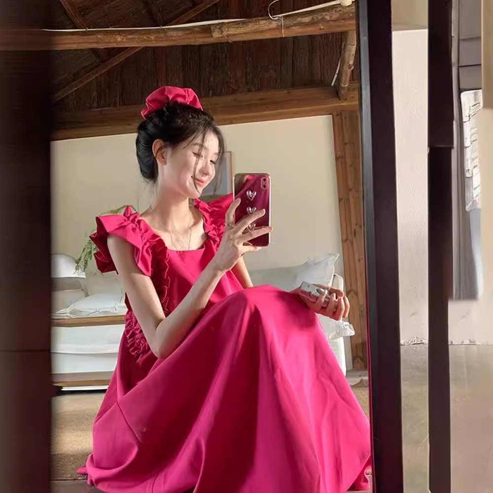 Womens Solid-Color Square-Neck Ruffle-Trim Cap-Sleeve Dress - Image 3