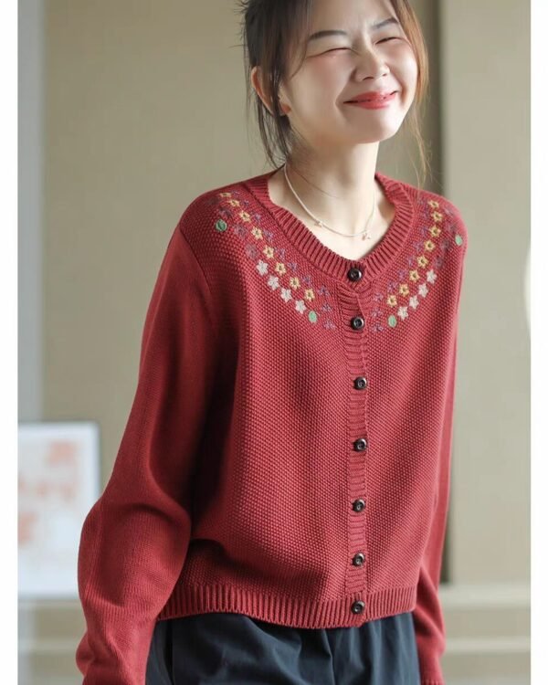Womens Retro Embroidered Knitted Cardigan