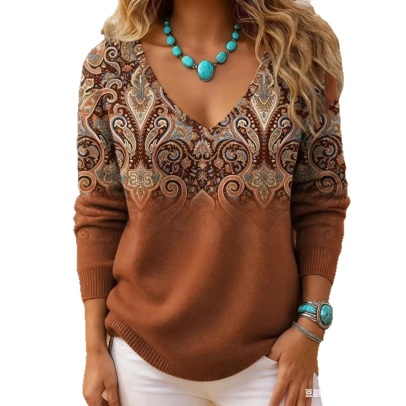 Womens Retro-Print V-Neck Long-Sleeve T-Shirt Top - Image 9