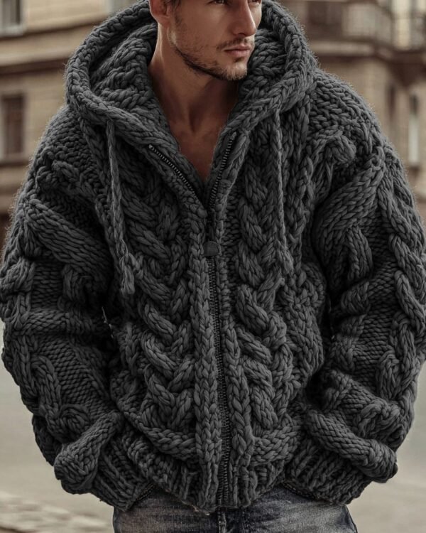 Textured Knit Hooded Zip Jacket