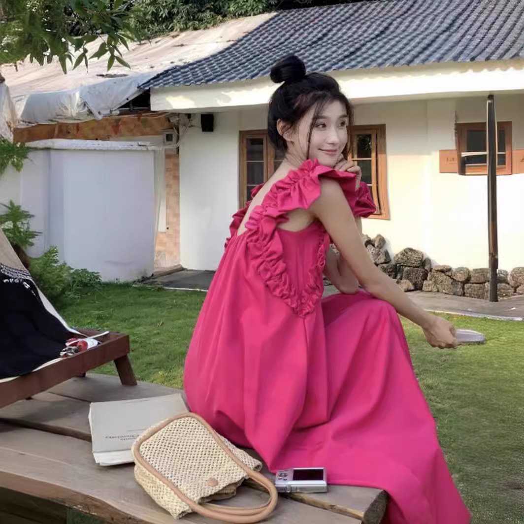 Womens Solid-Color Square-Neck Ruffle-Trim Cap-Sleeve Dress - Image 2