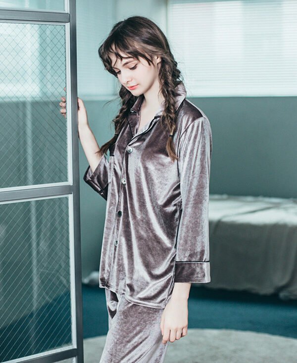 Alternative view of Soft Gold Velvet Couple Pajama Set