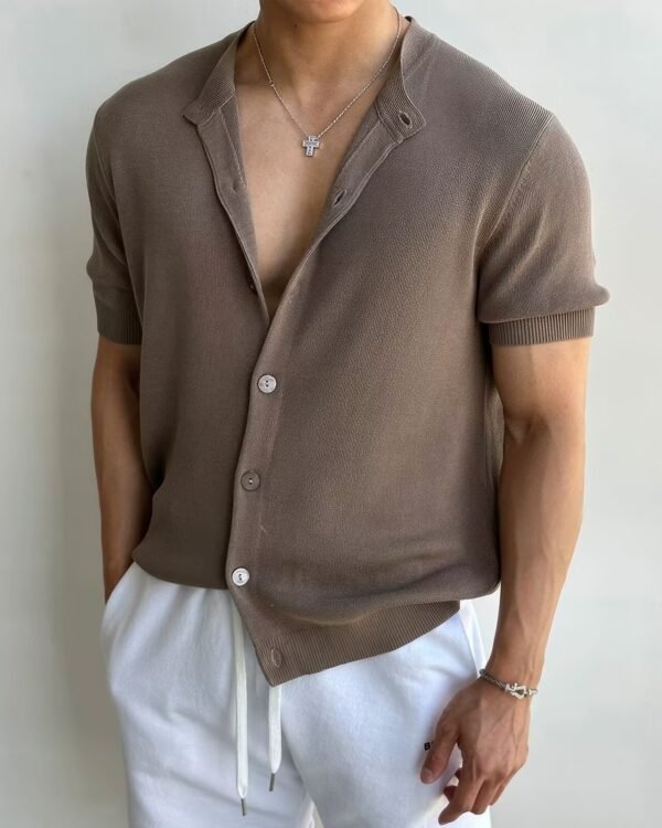 Jacquard Knit Buttoned Short-Sleeve Shirt