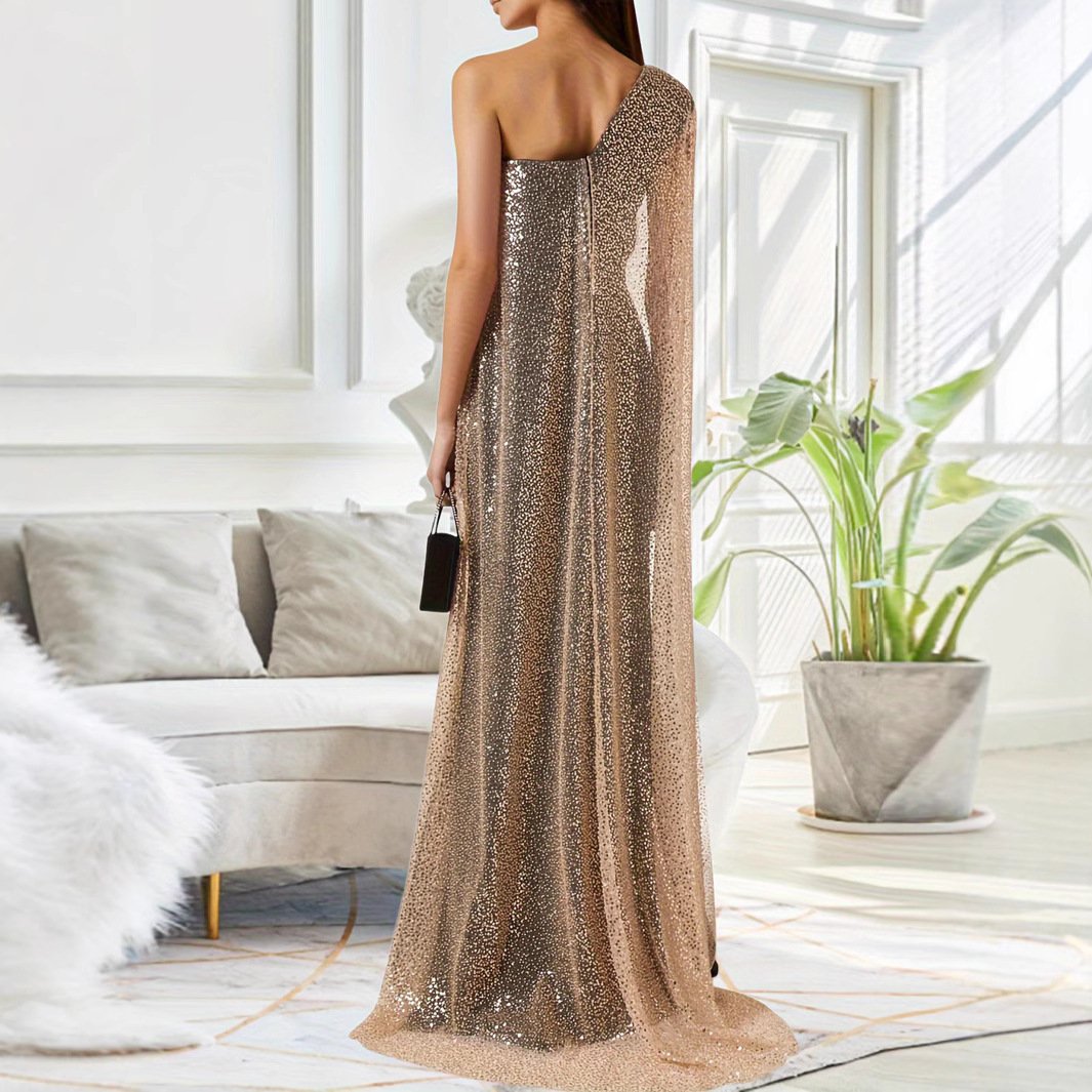 One Shoulder Cloak Slit Evening Dress - Image 3