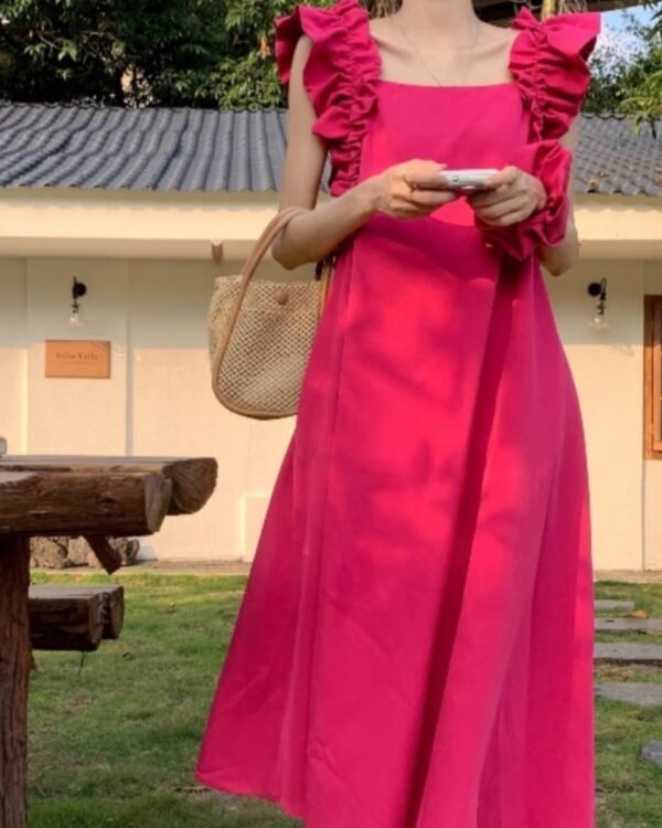 Womens Solid-Color Square-Neck Ruffle-Trim Cap-Sleeve Dress