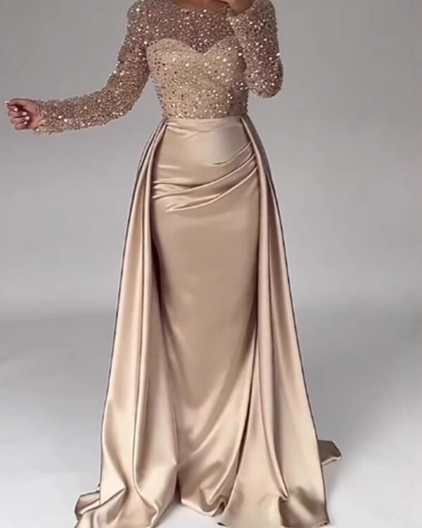 Sequin Bodice Satin Evening Gown
