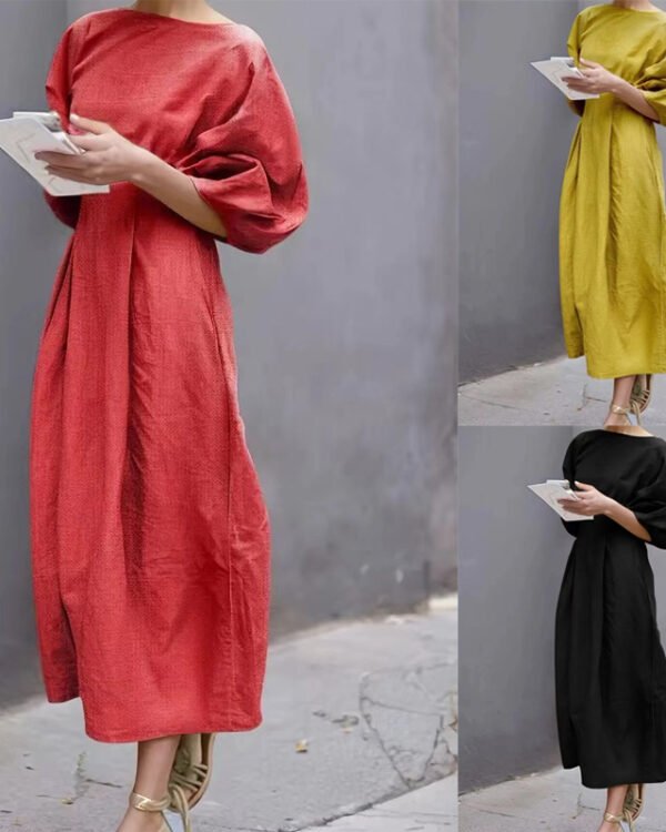 Relaxed Linen-Feel Long Dress With Bubble Sleeves