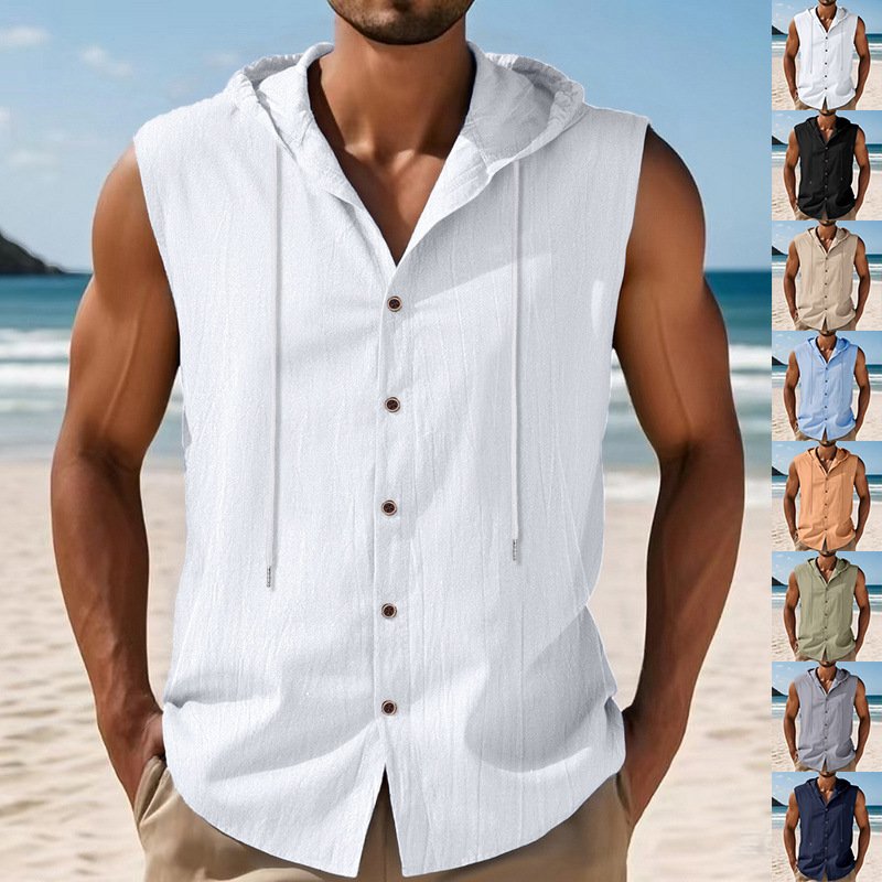 Sleeveles Linen Hooded Shirt