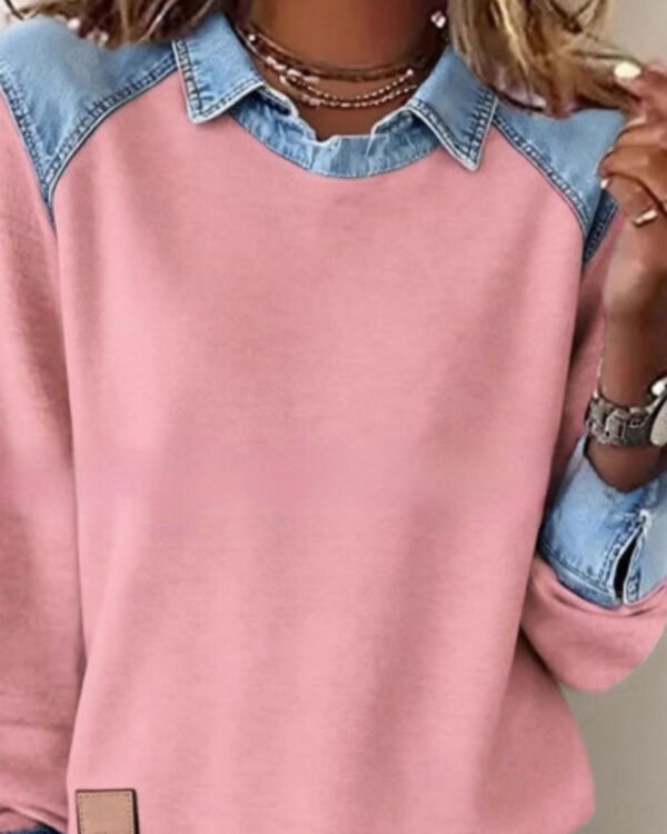 Denim-Collar Colorblock Sweatshirt