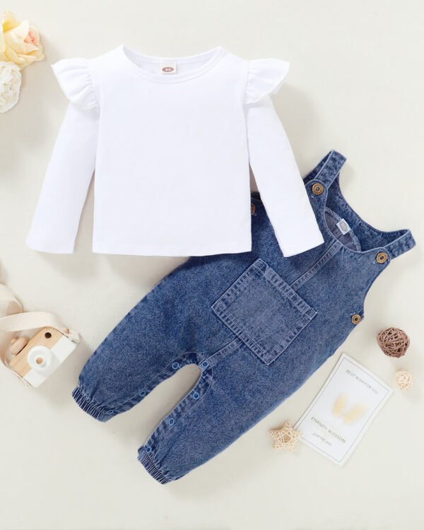 Girls Denim Dungaree & Ruffle Sleeve Top Set
