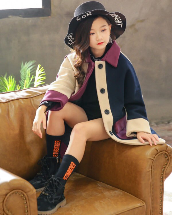 Girls Korean Style Color-Block Wool Coat