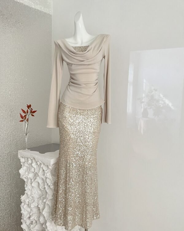 Champagne Sequin Two-Piece Evening Gown Set