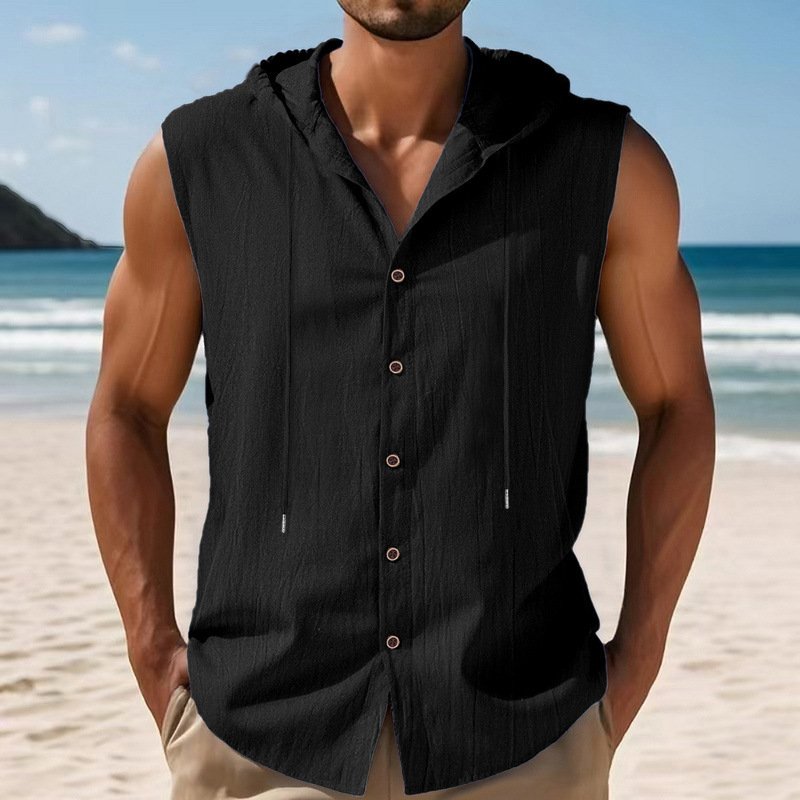 Sleeveles Linen Hooded Shirt - Image 2