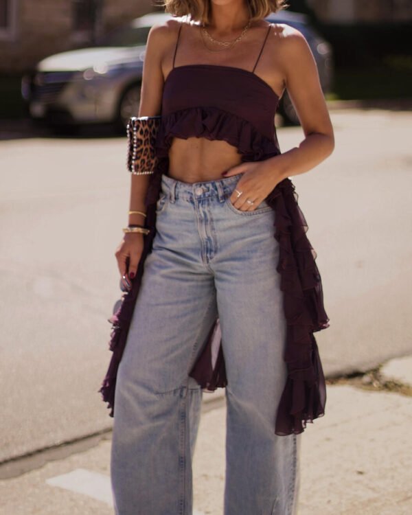 Alternative view of Claret Asymmetric Ruffle Halter Top