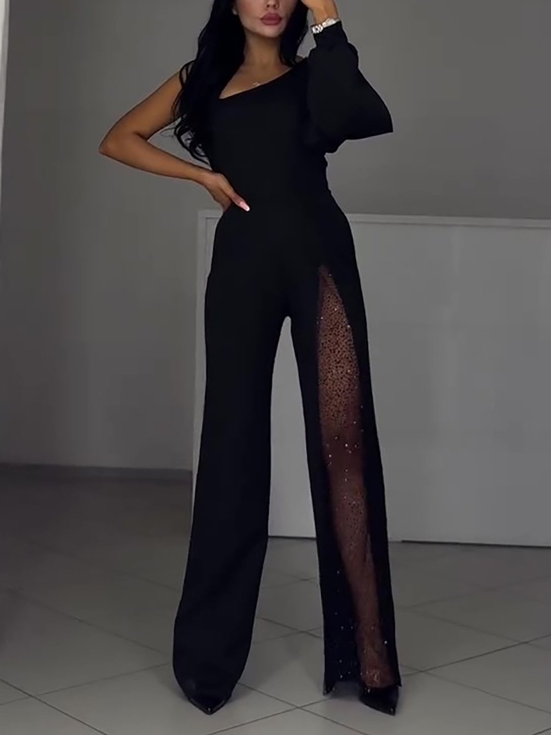 Single Sleeve Mesh Panel Jumpsuit - Midnight Edge - Image 4