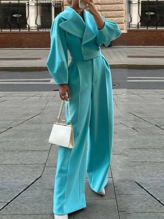 Tailored Cropped Blazer & Wide - Leg Suit Set - Azure Power