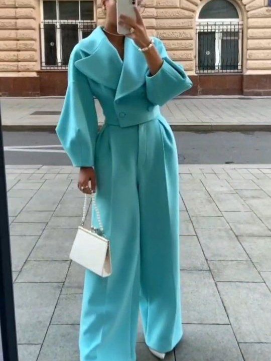 Alternative view of Tailored Cropped Blazer & Wide - Leg Suit Set - Azure Power