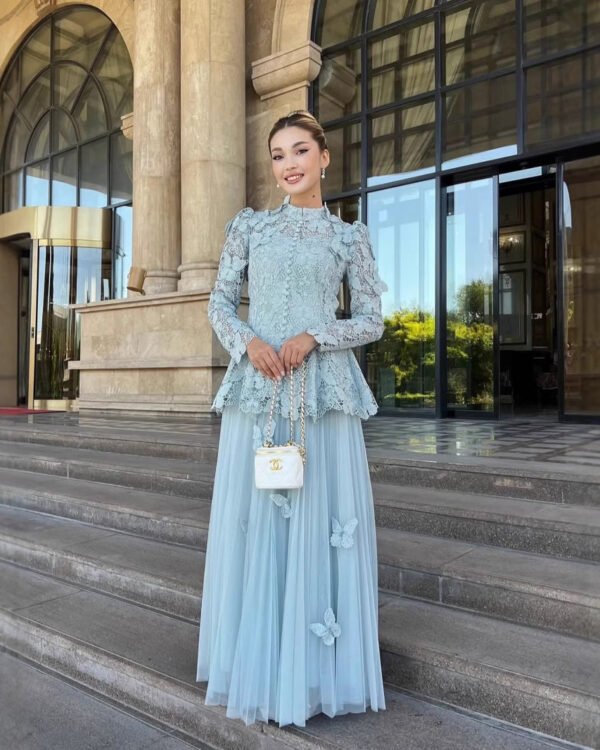 Lace Jacquard Top & Mesh Skirt Set