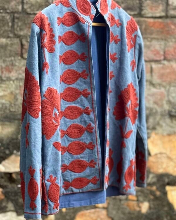 Hand embroidered velvet jacket with Suzani floral design