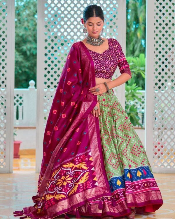 Wine and Green Silk Lehenga Choli with Traditional Print and Dupatta