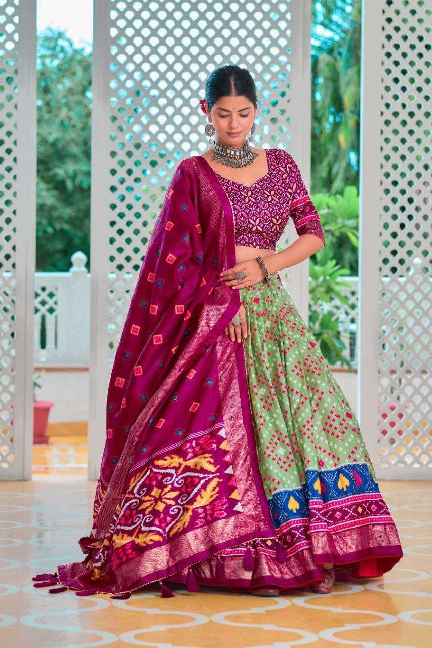 Wine and Green Silk Lehenga Choli with Traditional Print and Dupatta