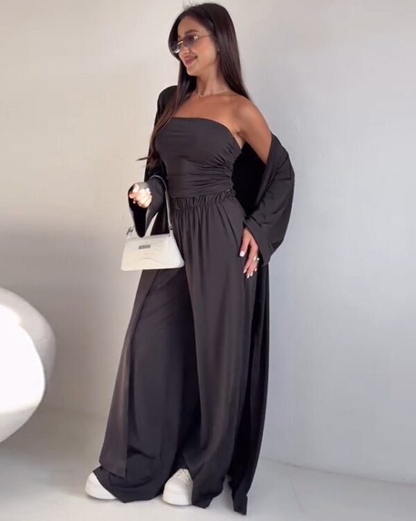Alternative view of Casual Mid-calf Top Vest Long Cardigan Wide-leg Pants Three-piece Set