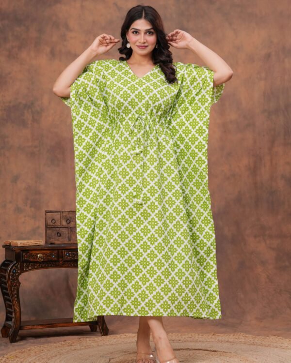 White and green cotton printed kaftan dress with adjustable drawstring waist