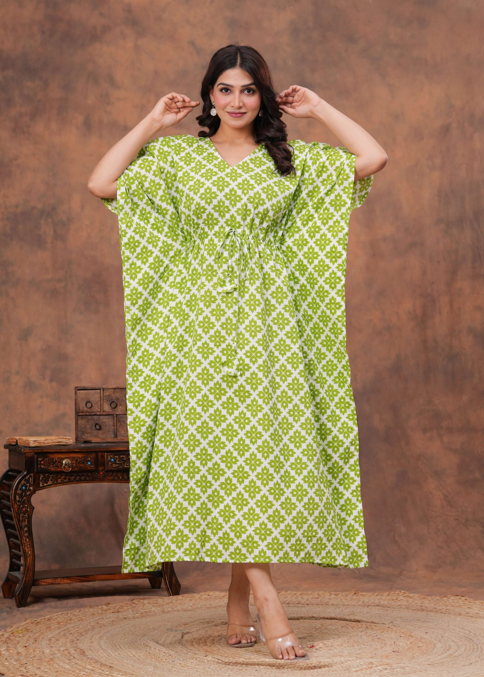 White and green cotton printed kaftan dress with adjustable drawstring waist