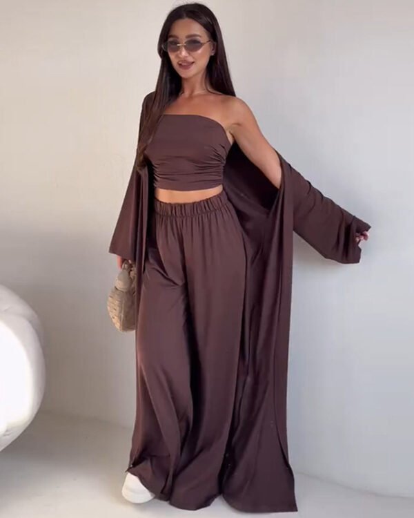 Casual Mid-calf Top Vest Long Cardigan Wide-leg Pants Three-piece Set