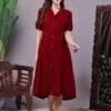 Maroon velvet button-down shirt midi dress with belt and short sleeves