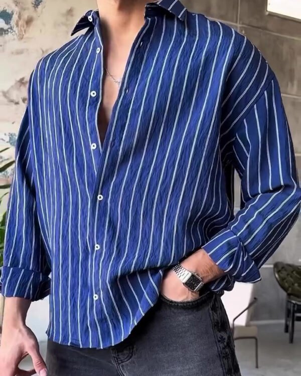 Alternative view of Blue Vertical Stripe Relaxed Shirt - Modern Casual