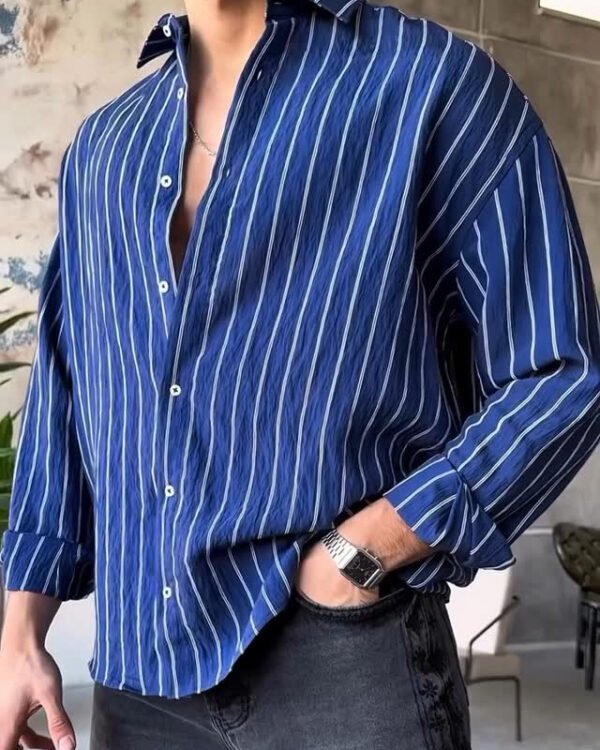 Blue Vertical Stripe Relaxed Shirt - Modern Casual