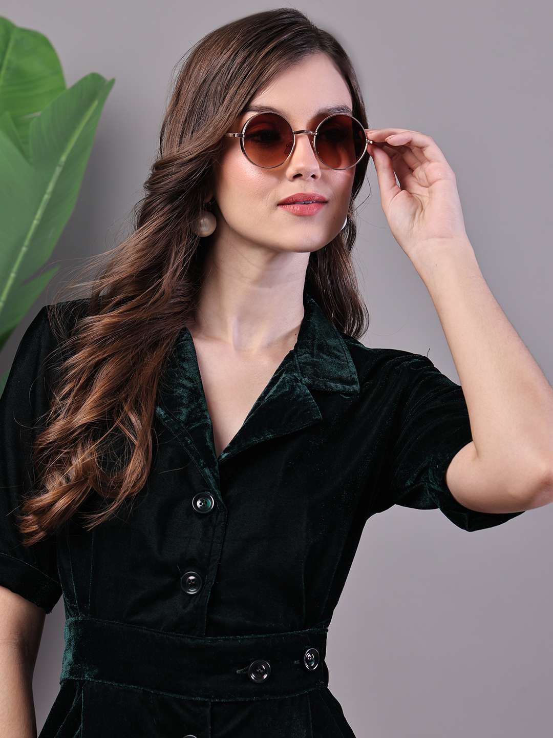 Bottle Green Velvet Button-Down Shirt Midi Dress with Belt - Image 4