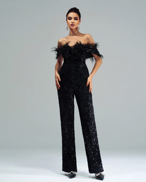 Feather-Trim Sequin Halter Jumpsuit-Black