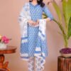 Blue cotton straight kurti set with printed pant and dupatta for women