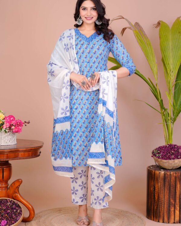 Blue cotton straight kurti set with printed pant and dupatta for women