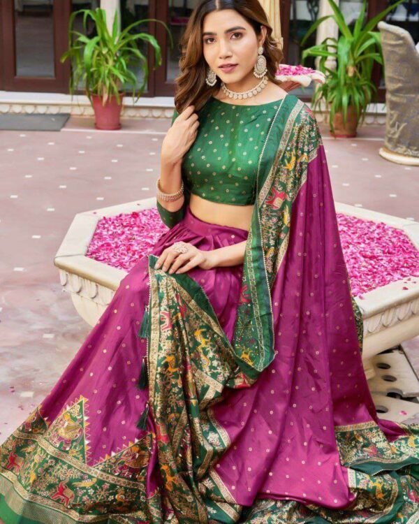 Purple Dola Silk Lehenga Choli with Dark Green Blouse and Ajrakh Bandhej Print