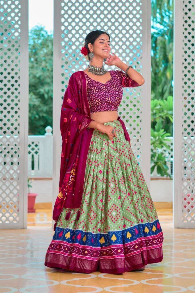 Light Green Tussar Silk Lehenga Choli with Maroon Blouse - Image 3