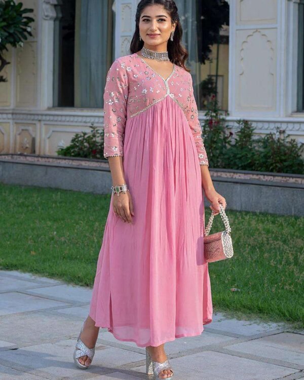 Blush pink embroidered georgette fit and flare midi dress for festive occasions