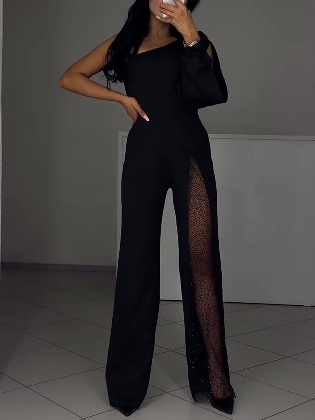 Single Sleeve Mesh Panel Jumpsuit - Midnight Edge