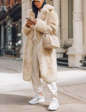 Oversized Plush Faux Fur Long Coat - Beige