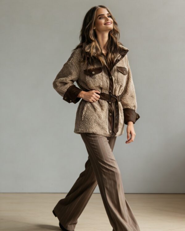 Belted Shearling-Trim Trench Jacket