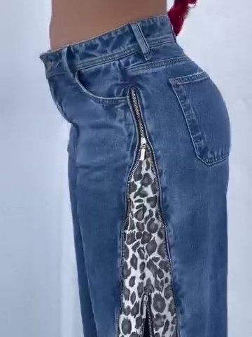 Leopard Side - Panel Wide Leg Jeans - Zip Detail Street Cut - Image 5